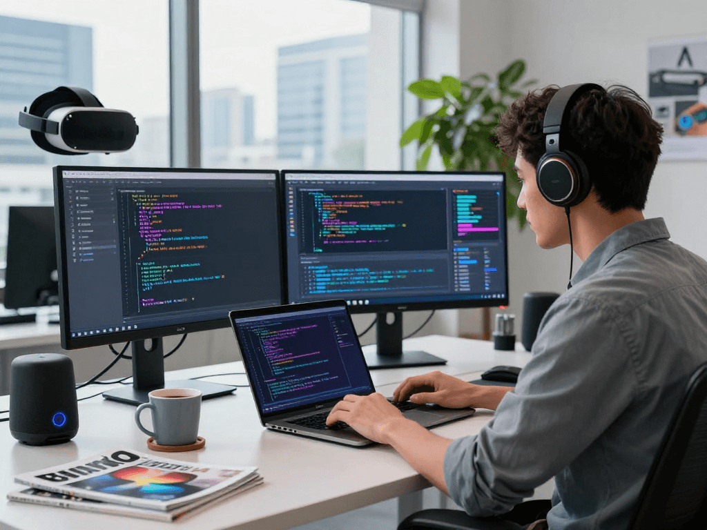 Immersive workspace showcasing Juicy ai development with vibrant tech elements, designer engaged in coding.