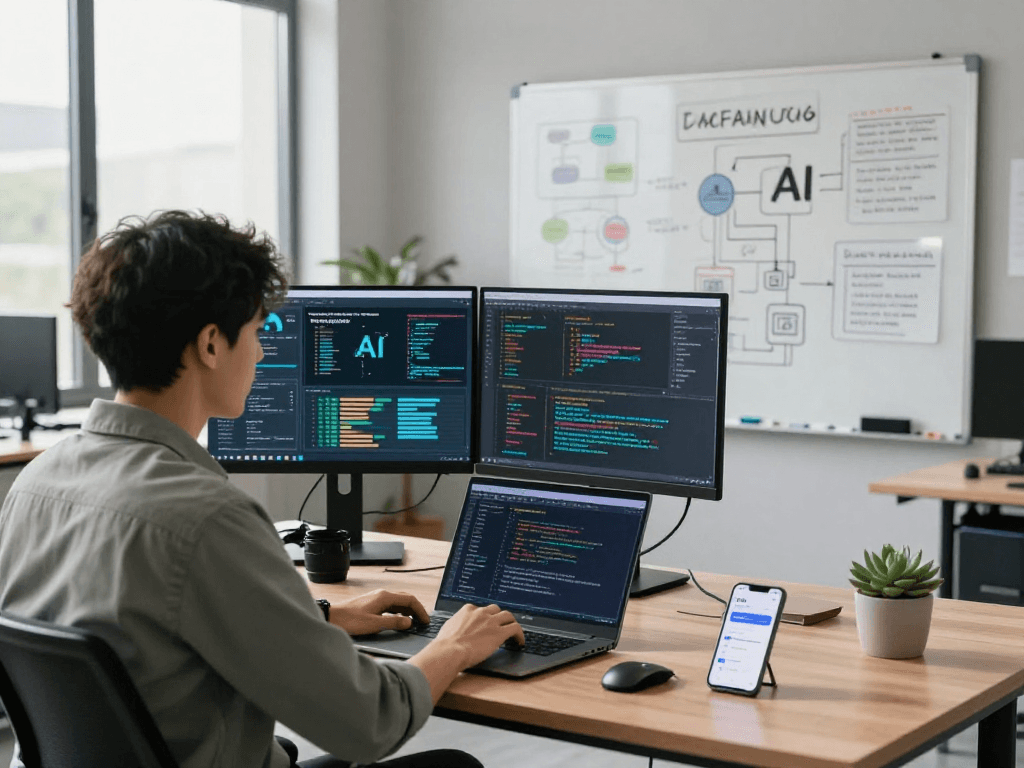 Dynamic tech workspace where a data scientist explores hot ai tools and innovations.