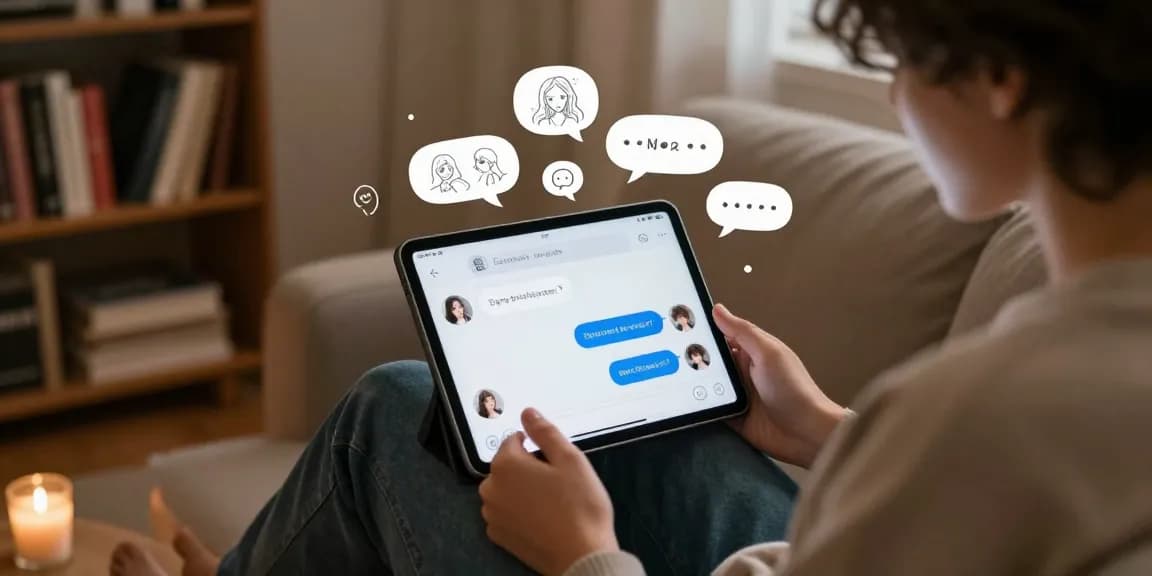 Engaging with sex chat ai on a sleek tablet in a cozy ambiance.