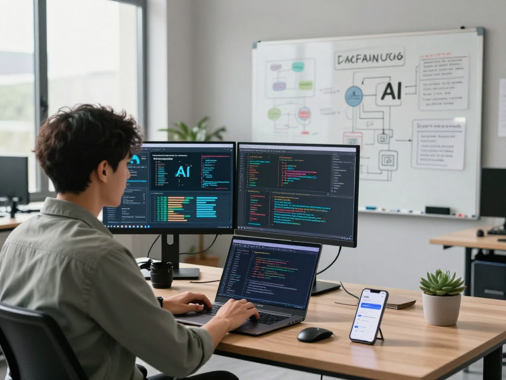 Dynamic tech workspace where a data scientist explores hot ai tools and innovations.
