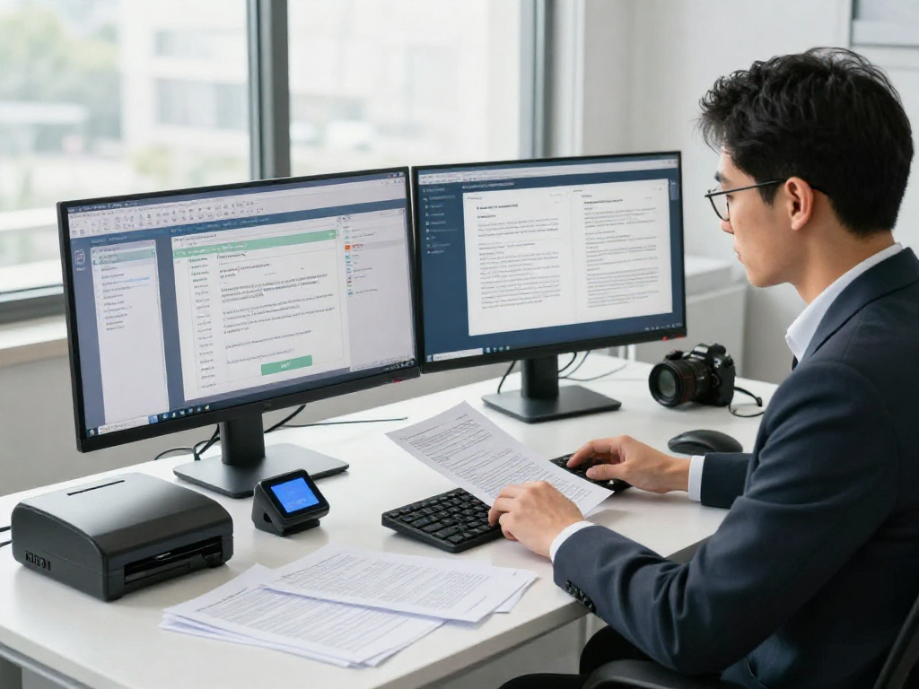 Analyst focused on document fraud detection with multiple screens displaying verification data in a modern office.