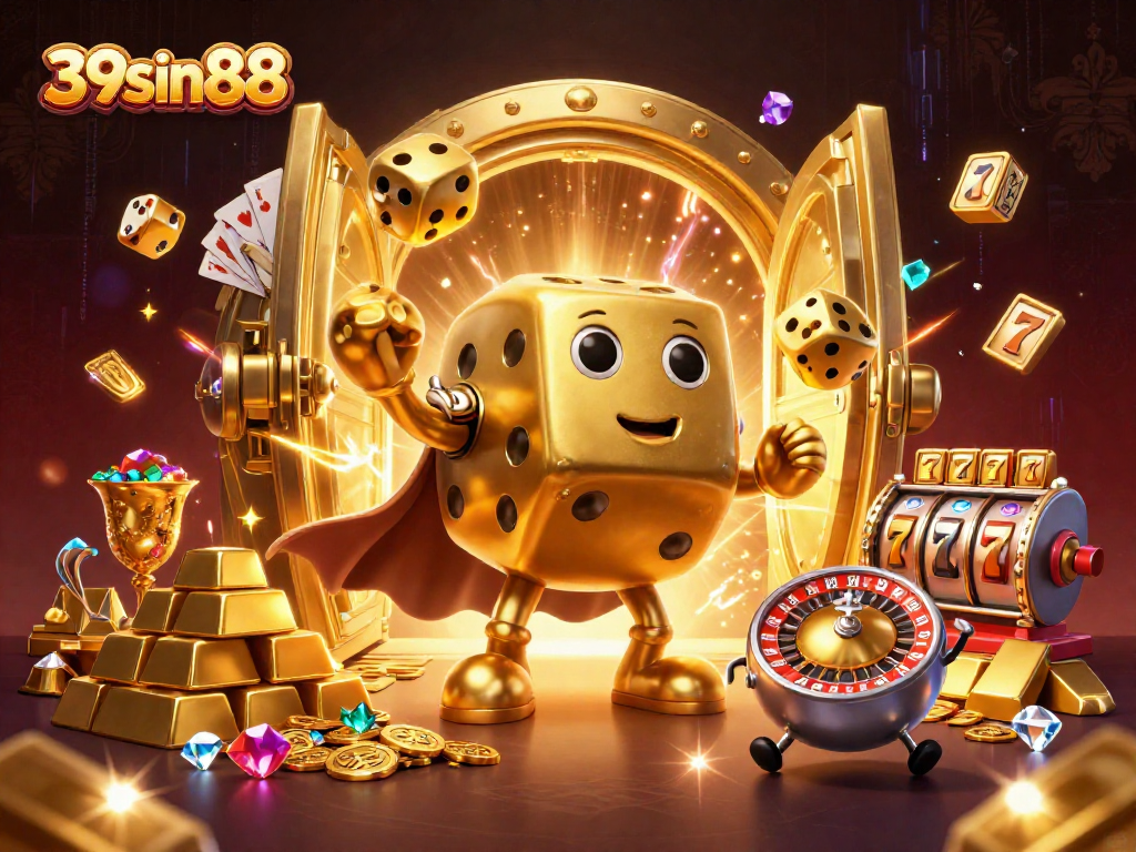 Experience the excitement of 39sin88 with golden dice and vibrant casino elements in action.
