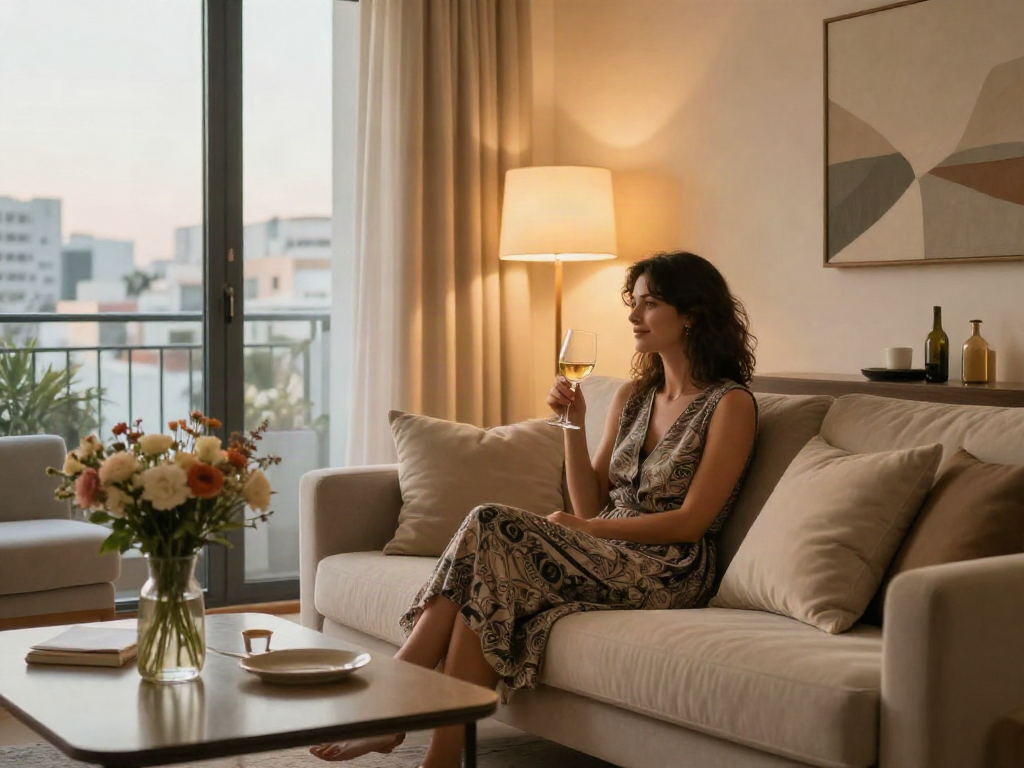Cozy living room in a discreet apartment in Ramat Gan featuring warm lighting and elegant decor.