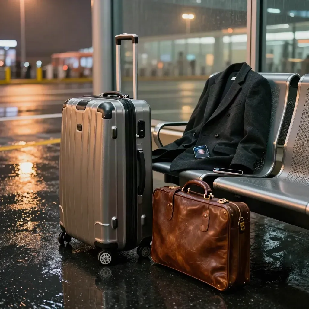 Valigie e borsa in aeroporto notturno, su asfalto bagnato e luci d’arrivo.