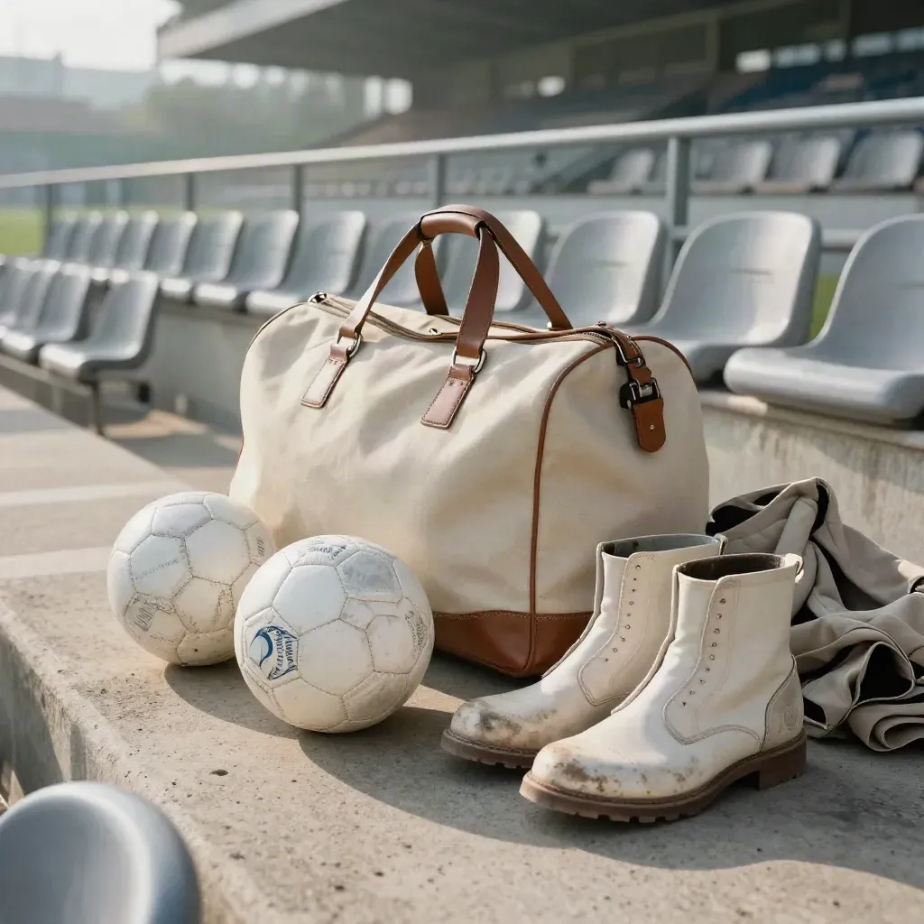 Tre palloni, borsa da viaggio e scarpe da calcio accanto ai seggiolini vuoti dello stadio