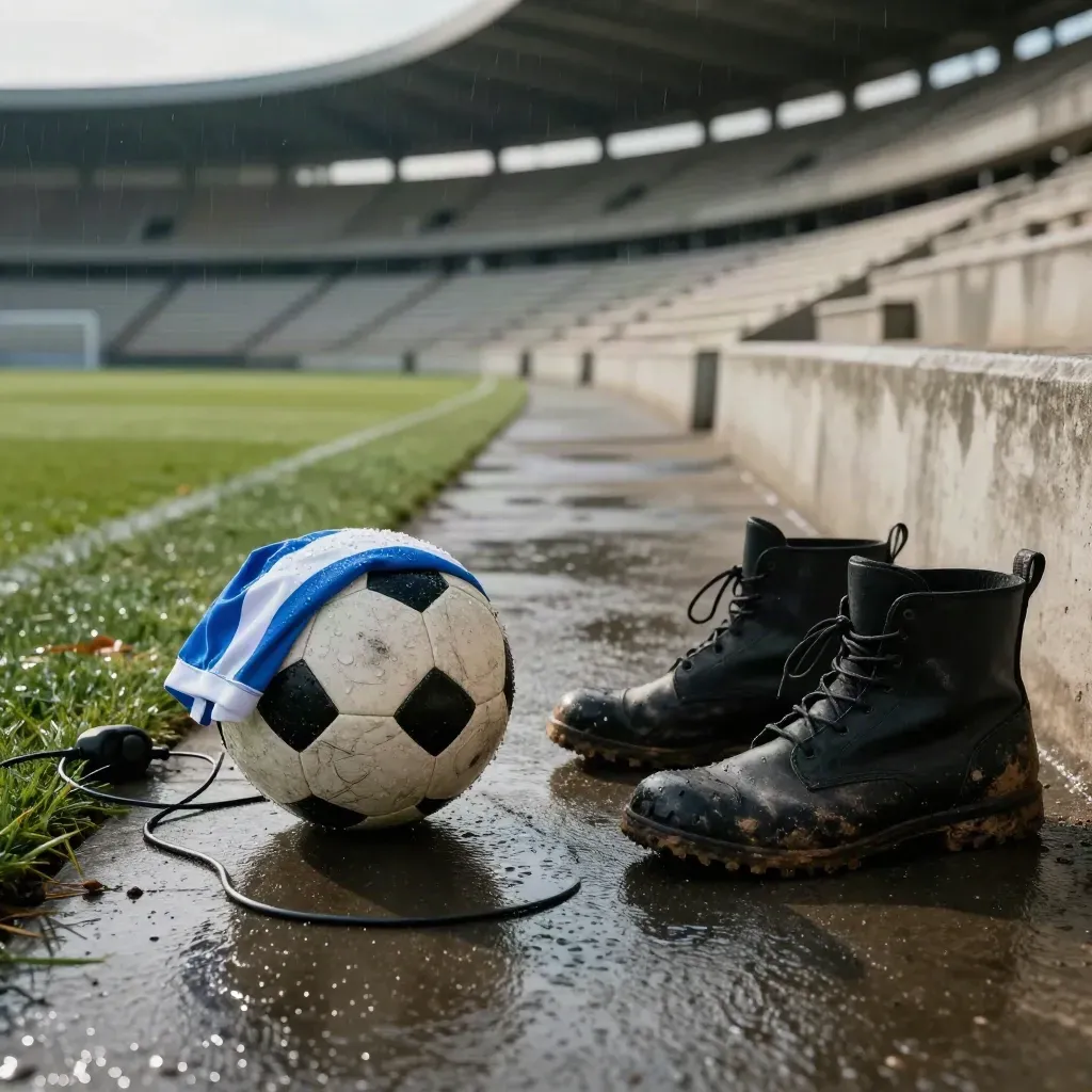 Pallone bagnato, bib azzurra e scarpe nere sul bordo del Maradona dopo un acquazzone.