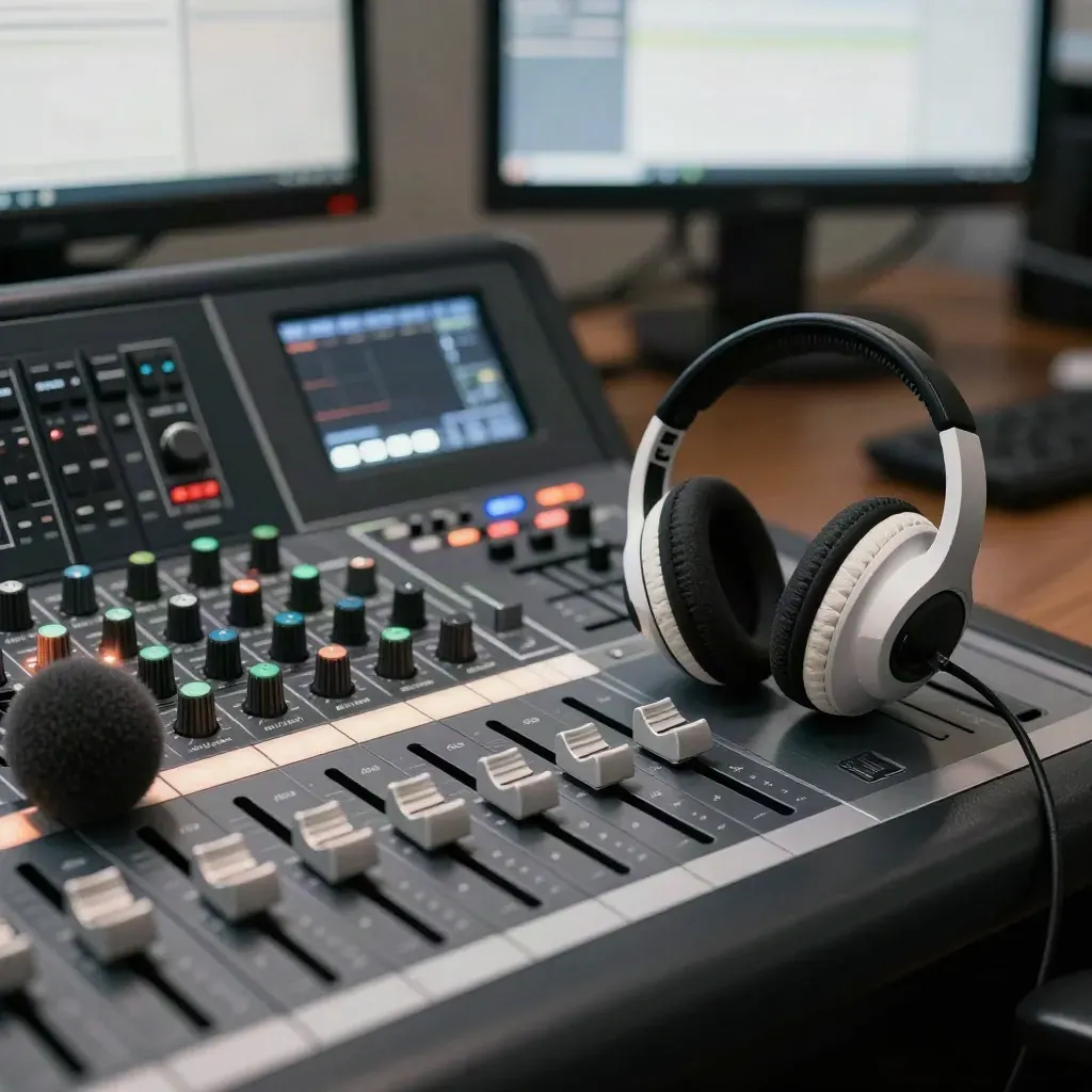 Consolle broadcast, cuffia e spie accese in sala stampa, luce morbida e atmosfera tesa.