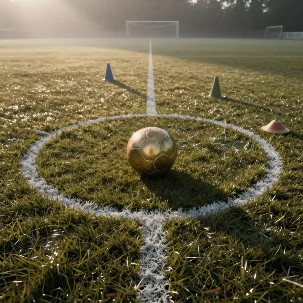 Ripresa dall’alto del cerchio di centrocampo bagnato con pallone e due coni sfocati.