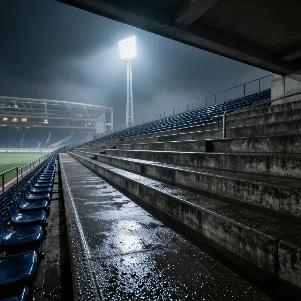Mast floodlight dello stadio, gradini bagnati, sedute blu e nebbia notturna.