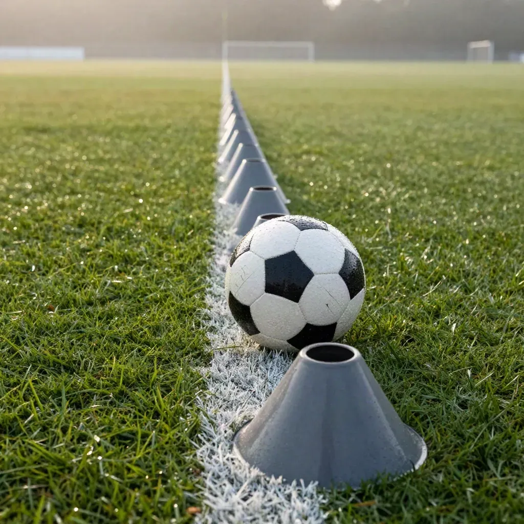 Coni da allenamento, pallone e linea bagnata del campo sotto la pioggia