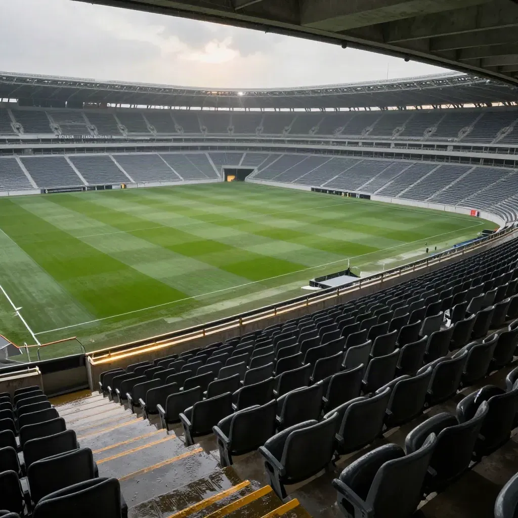 Vista alta dello Stadio Maradona vuoto dopo la pioggia, con campo luminoso e spalti scuri.