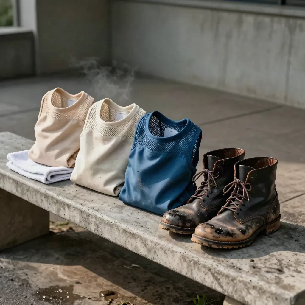 Cinque pettorine piegate, scarpe da gioco e asciugamano chiaro su panca di cemento post-partita