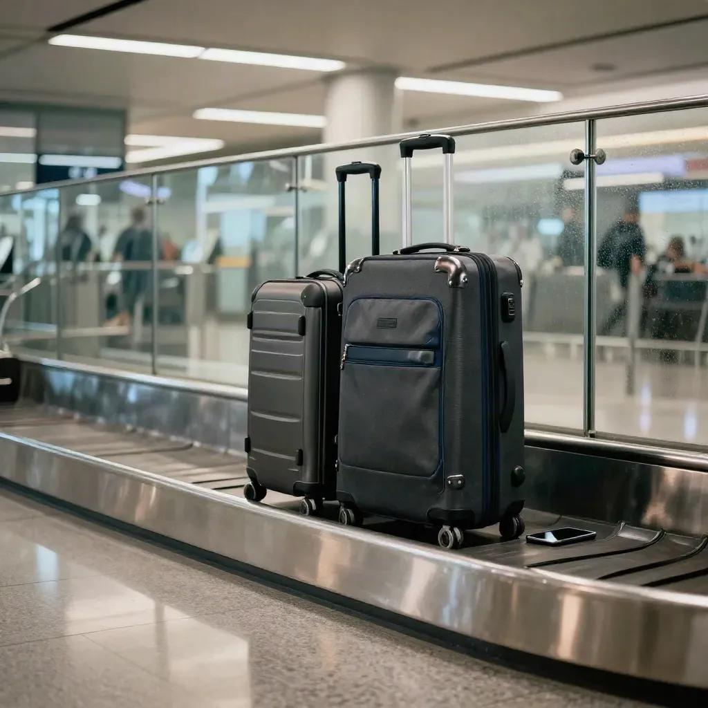 Nastro bagagli in aeroporto con due trolley, telefono a faccia in giù e riflessi sul vetro.