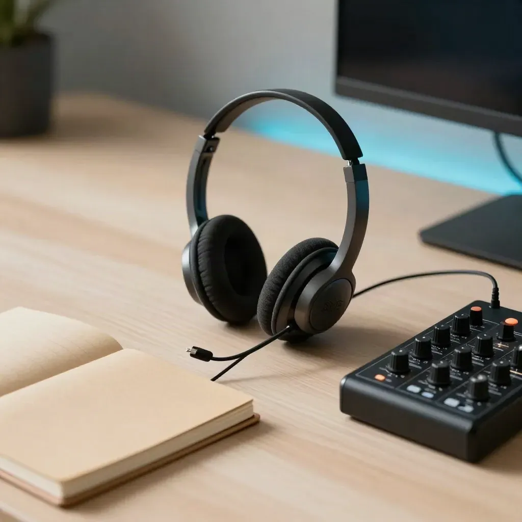Cuffie da commento, mixer audio e notebook su legno chiaro, luce morbida e tensione live.
