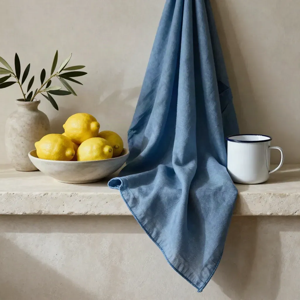 Scarf azzurro, limoni, ramo d’ulivo e tazza smaltata su mensola chiara.