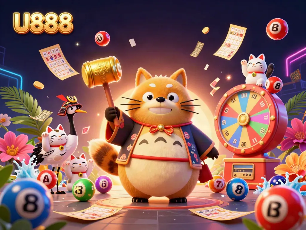 Engaging U888 illustration featuring vibrant casino elements, with a tanuki and lucky cats celebrating.