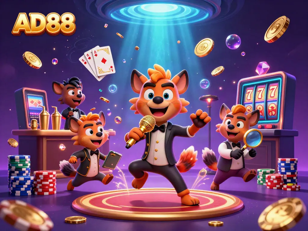 AD88 comedy casino scene with hyenas entertaining and gaming, featuring vibrant elements.