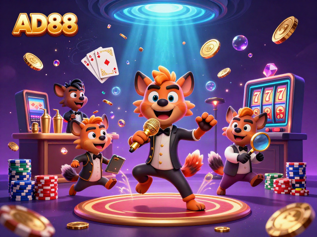 AD88 comedy casino scene with hyenas entertaining and gaming, featuring vibrant elements.