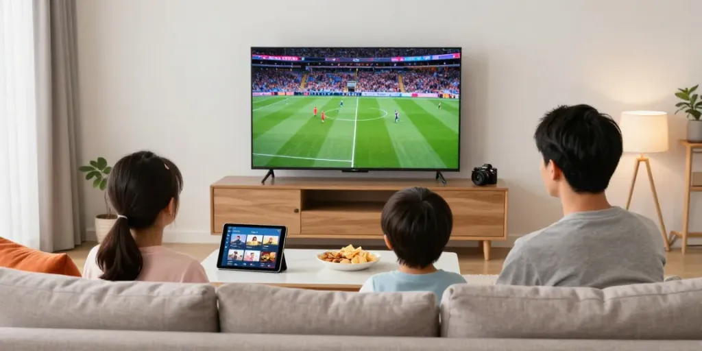 Family enjoying IPTV sports content in a modern living room, test iptv experience.