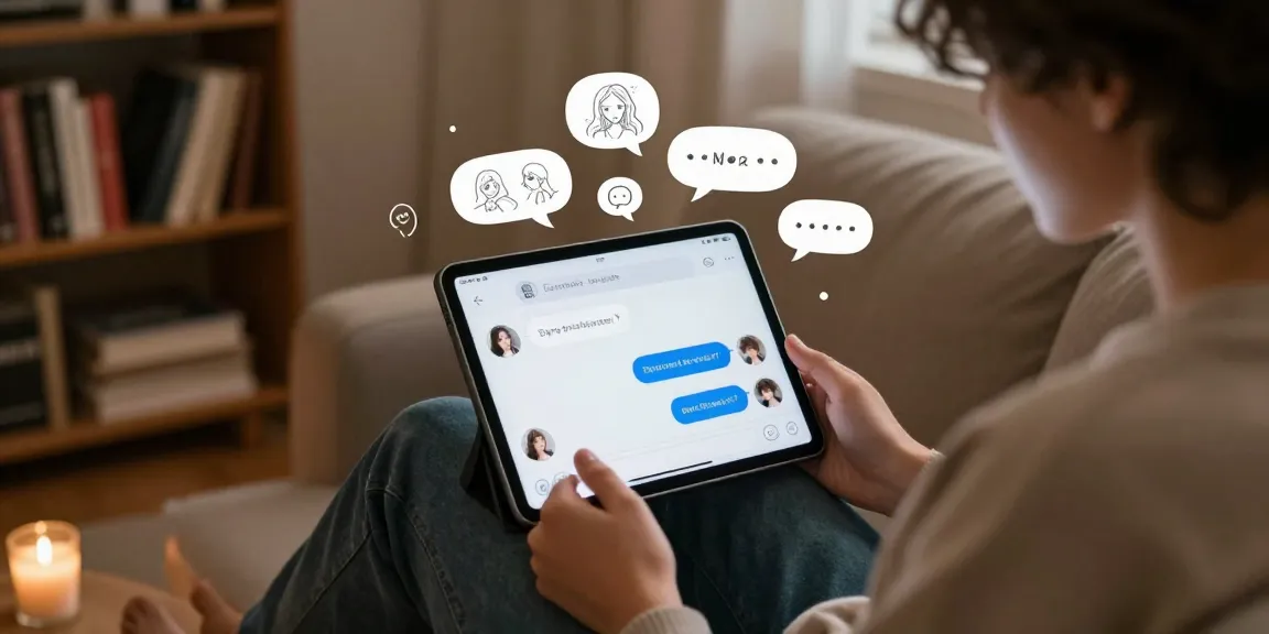 Engaging with sex chat ai on a sleek tablet in a cozy ambiance.