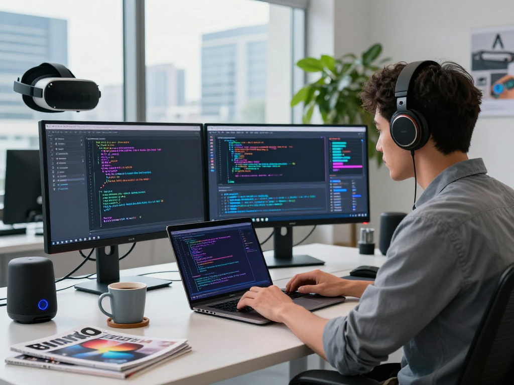 Immersive workspace showcasing Juicy ai development with vibrant tech elements, designer engaged in coding.